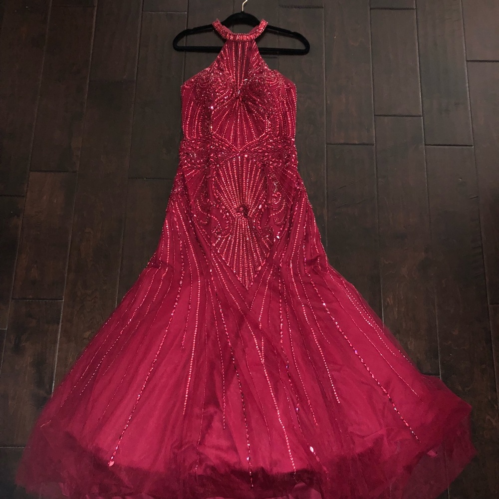 ANNY LEE Red Jeweled Prom Dress
